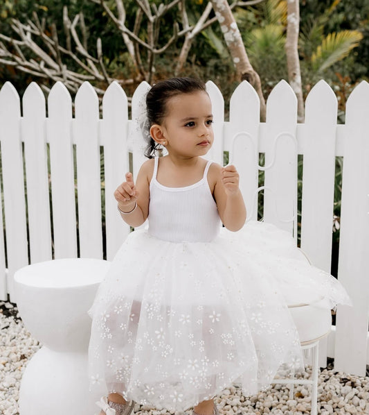 Confetti Kidz Ribbed Tulle Dress White Golden Daisies