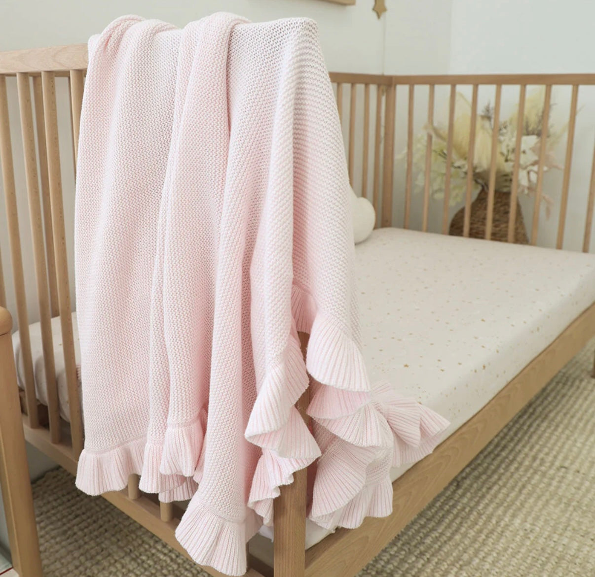 Snuggle Hunny Blush Pink Ruffle Knit Organic Baby Blanket