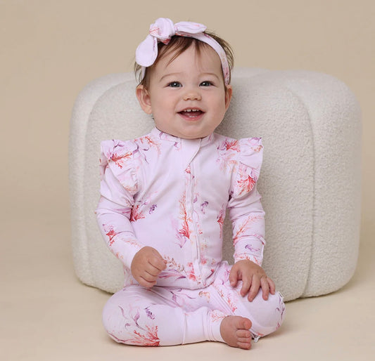 Snuggle Hunny Coral Snugglesuit Convertible Romper with Frill