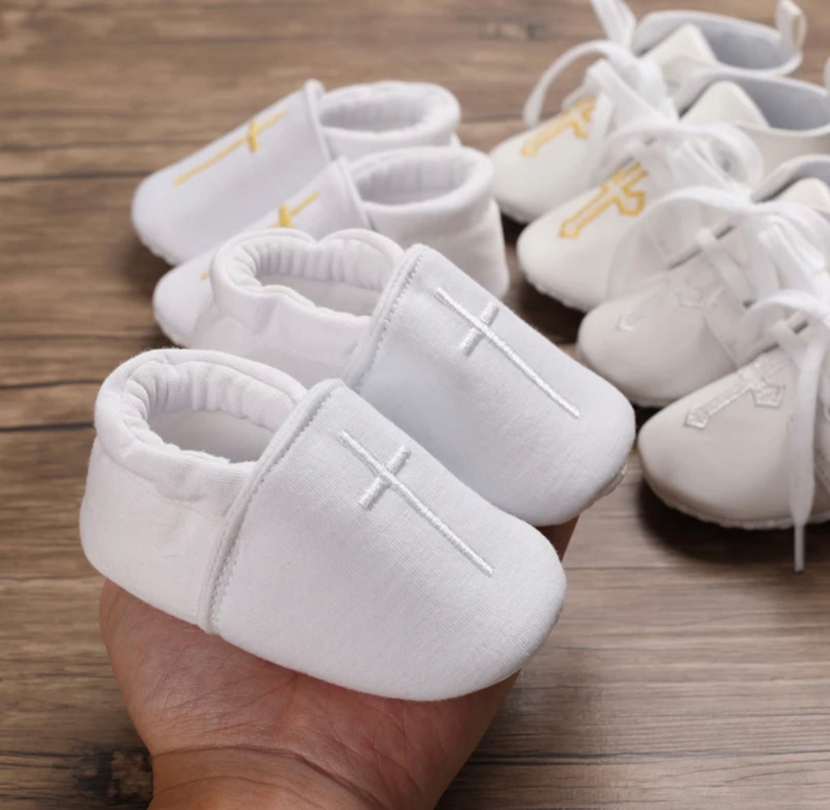 White Christening Baptism Shoes Slip On White Cross