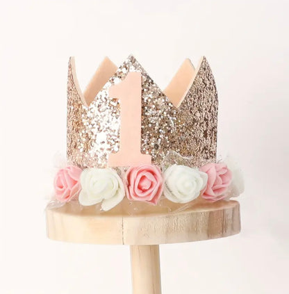 1st Birthday Hat Floral Crown Rose Gold