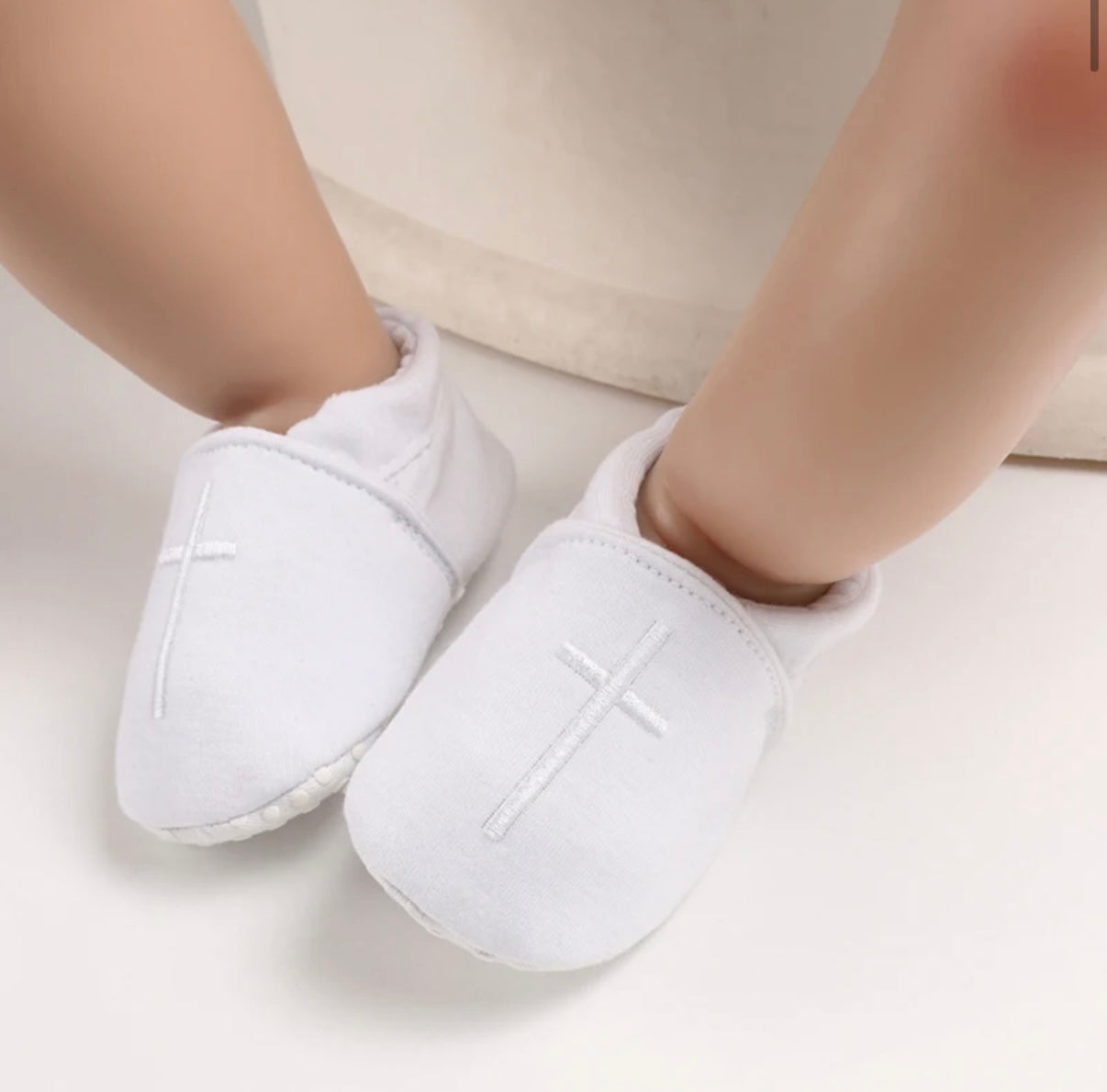 White Christening Baptism Shoes Slip On White Cross