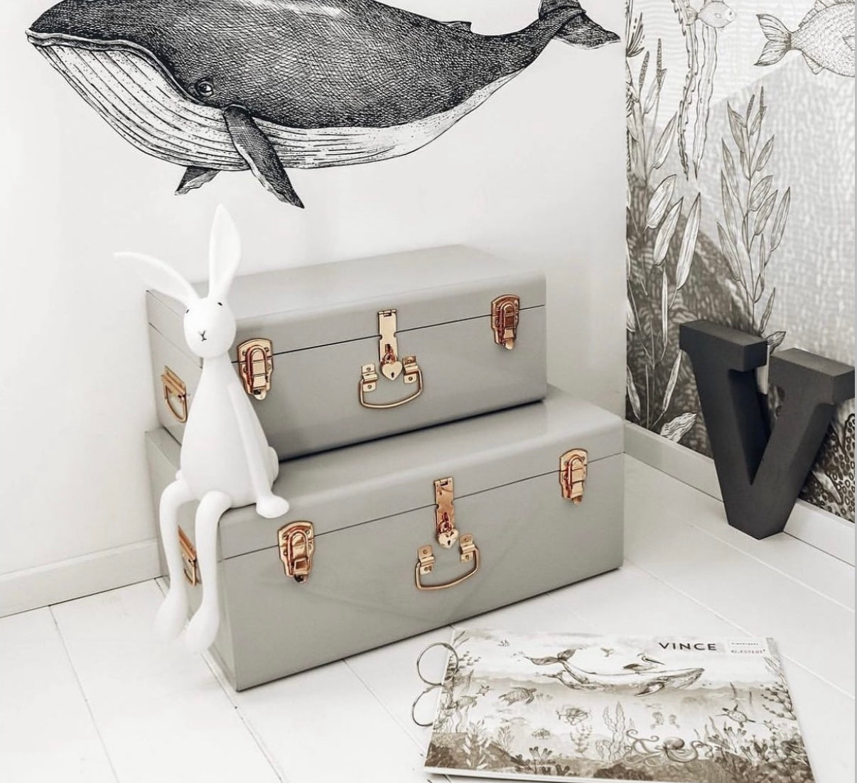 BabyBoo Prints Regular Metal Storage Trunk Grey with Gold Hardware