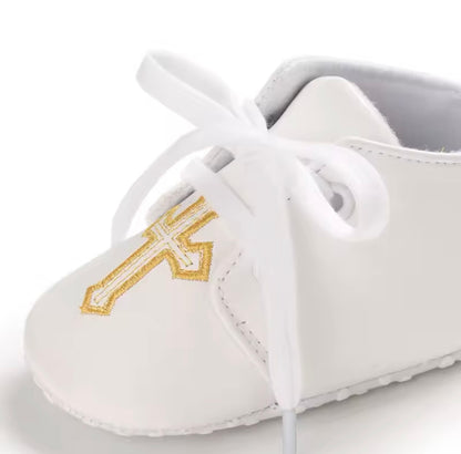 White Christening Baptism Shoes Gold Cross