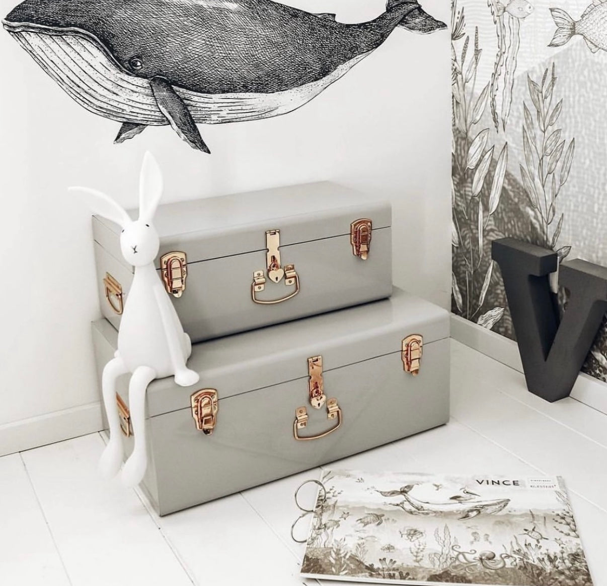 BabyBoo Prints Medium Metal Storage Trunk Grey with Gold Hardware
