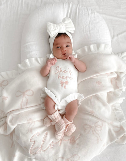 Petite + Co ‘She’s Here’ Bow Tie Frill Romper