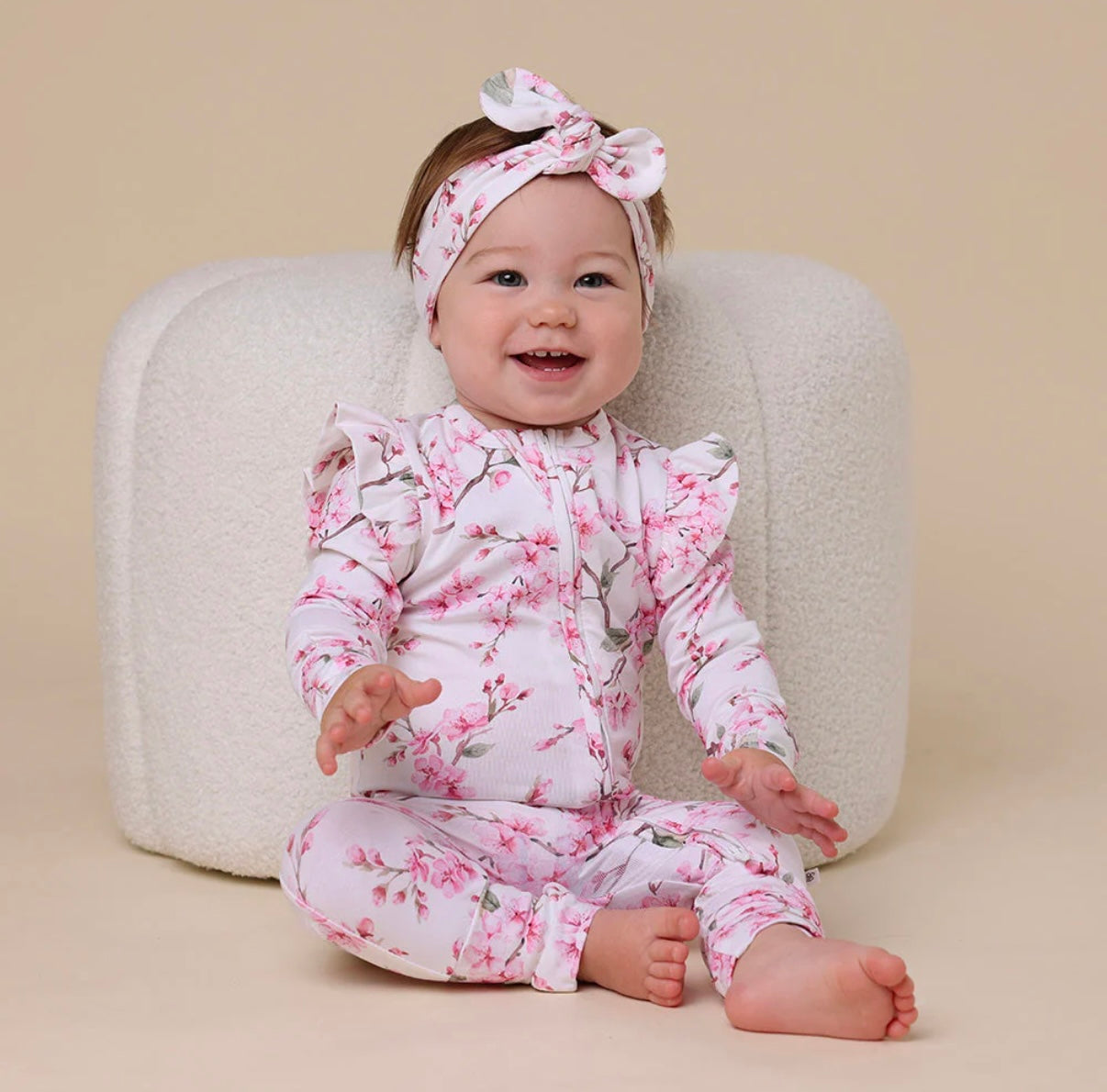 Snuggle Hunny Cherry Blossom Snugglesuit Convertible Romper with Frill