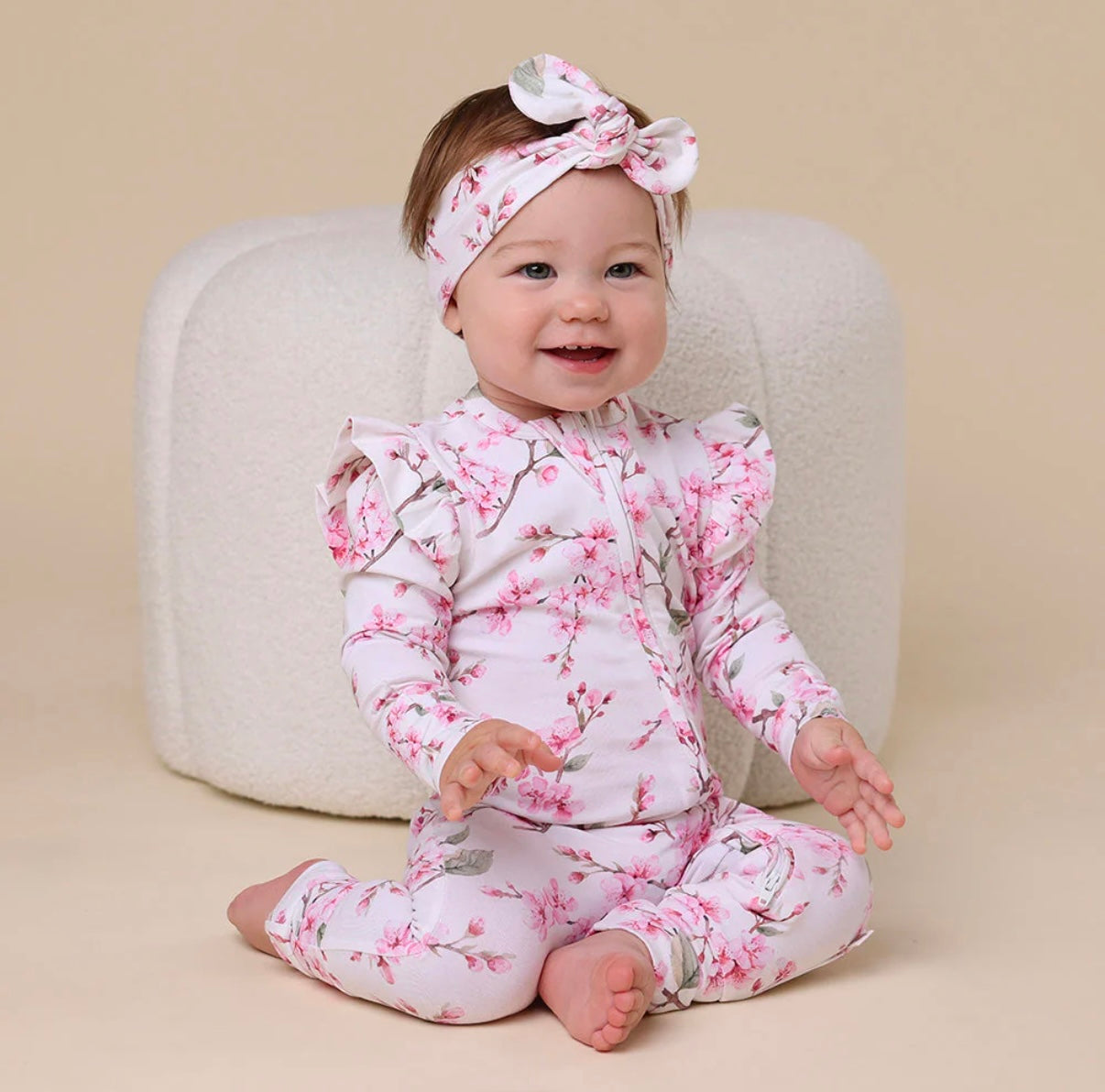 Snuggle Hunny Cherry Blossom Snugglesuit Convertible Romper with Frill