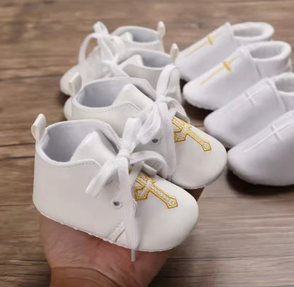 White Christening Baptism Shoes Gold Cross