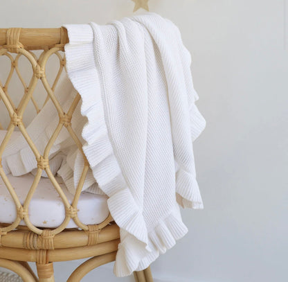 Snuggle Hunny White Ruffle Knit Organic Baby Blanket