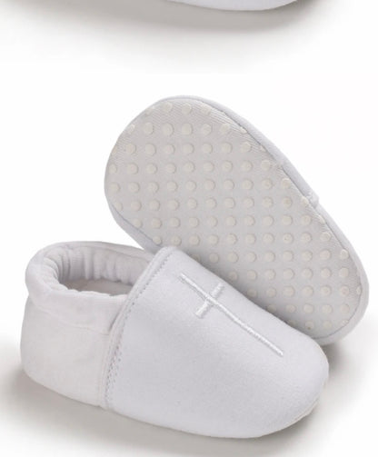 White Christening Baptism Shoes Slip On White Cross