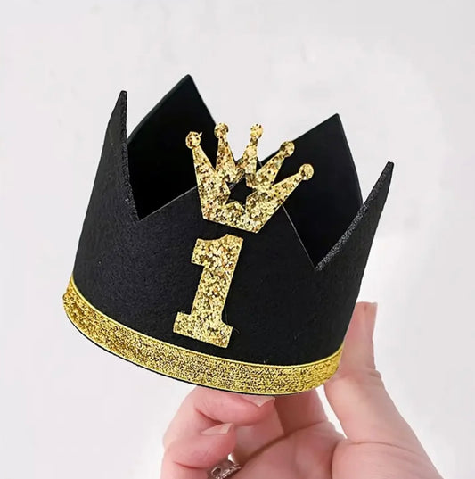 1st Birthday Crown Hat Black & Gold
