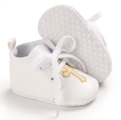 White Christening Baptism Shoes Gold Cross