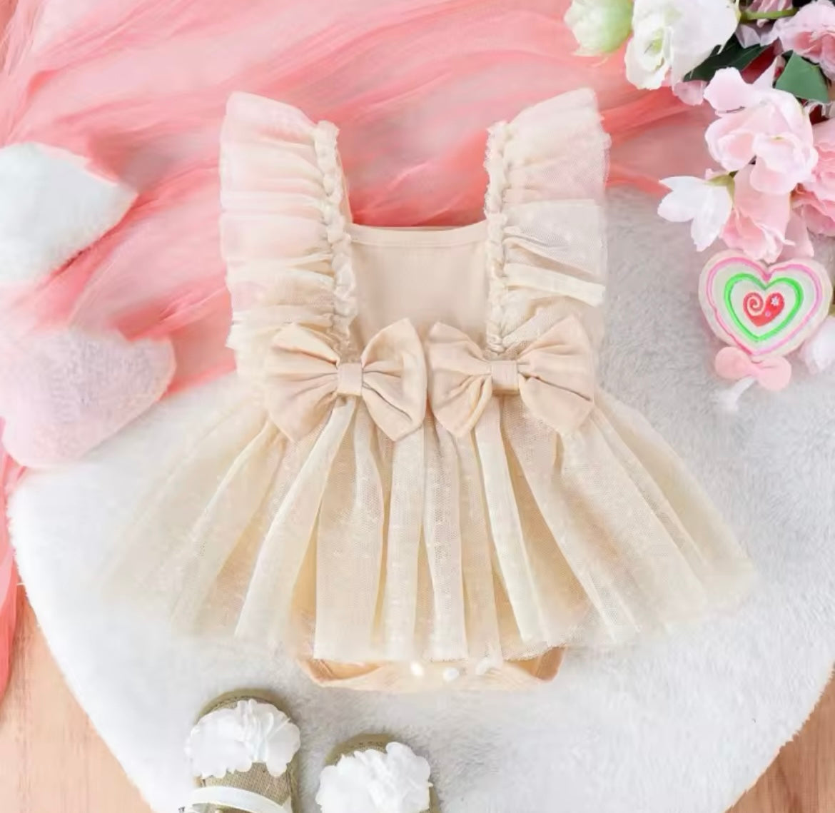 Tulle & Bow Romper Dress Beige