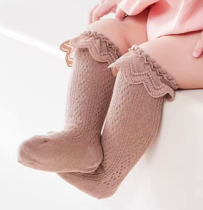 Lace Top Knee High Cotton Socks Coffee