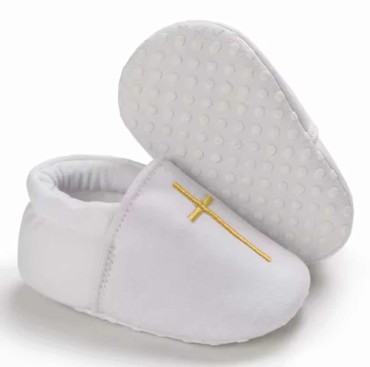 White Christening Baptism Shoes Slip On Gold Cross