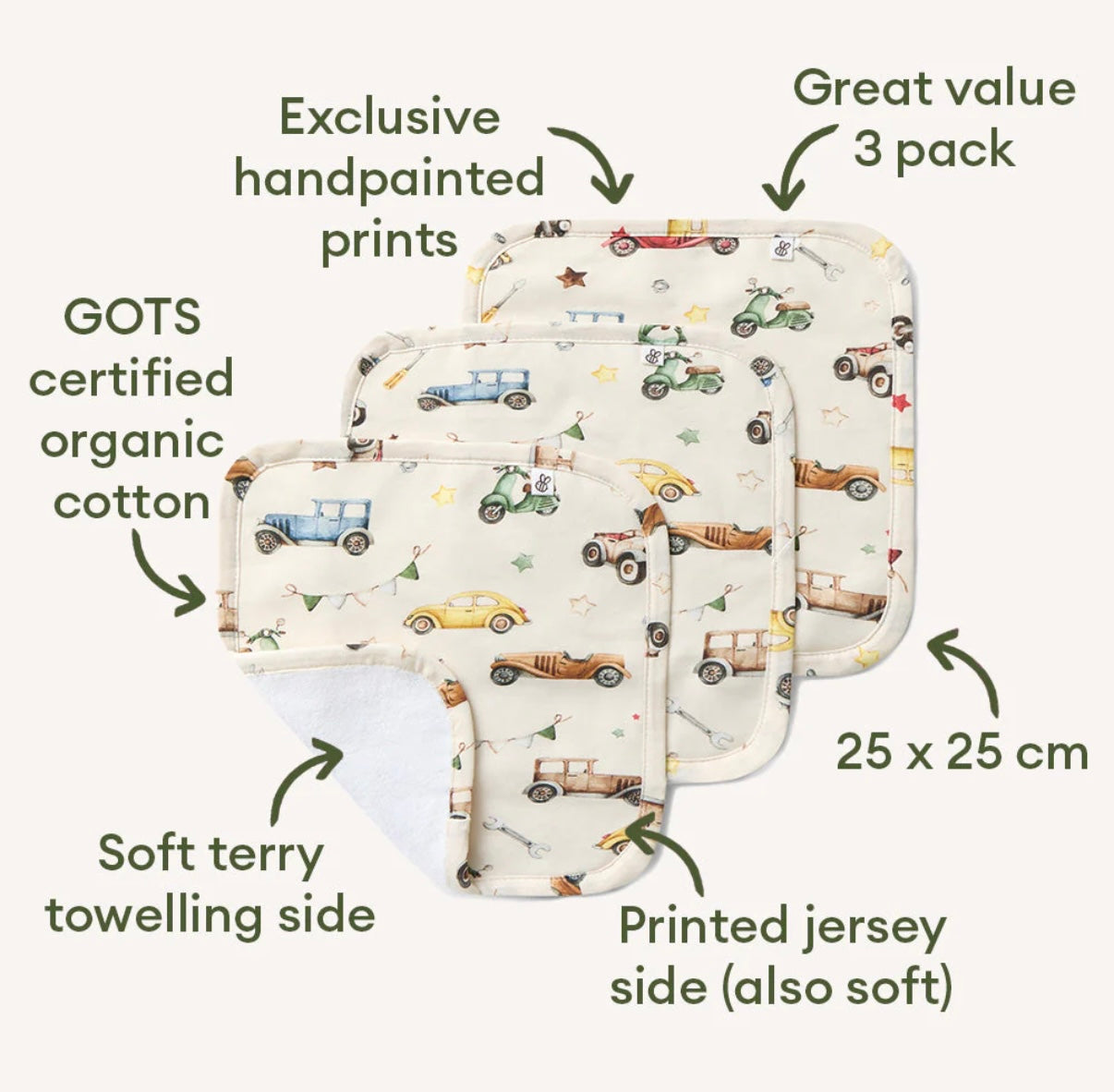 Snuggle Hunny Vintage Cars Wash Cloths 3 Pack