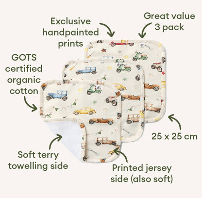 Snuggle Hunny Vintage Cars Wash Cloths 3 Pack