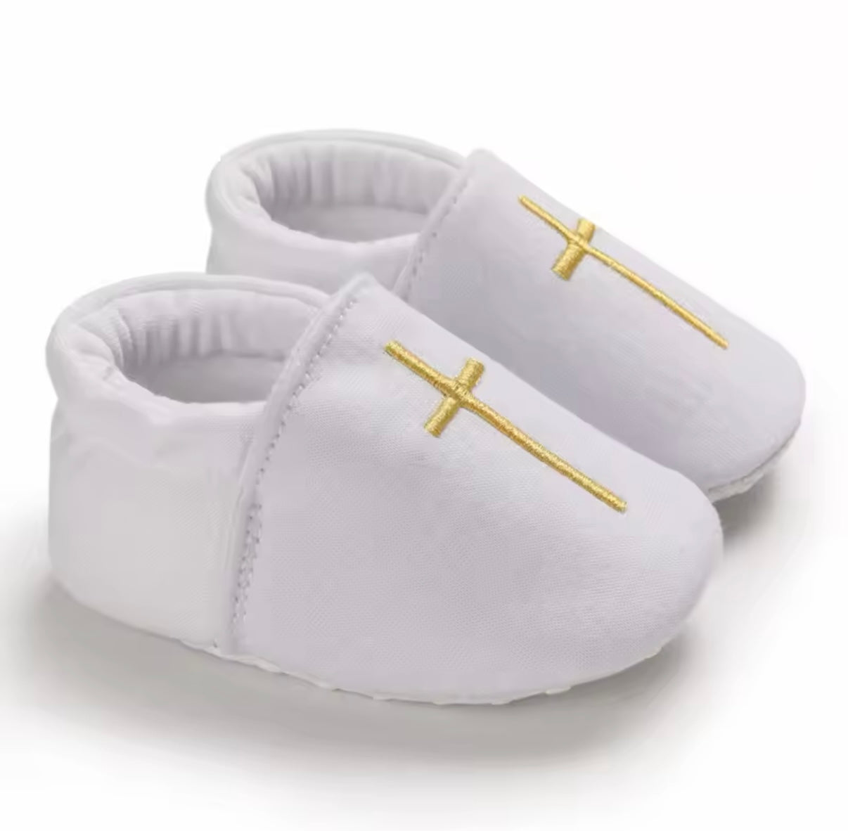 White Christening Baptism Shoes Slip On Gold Cross