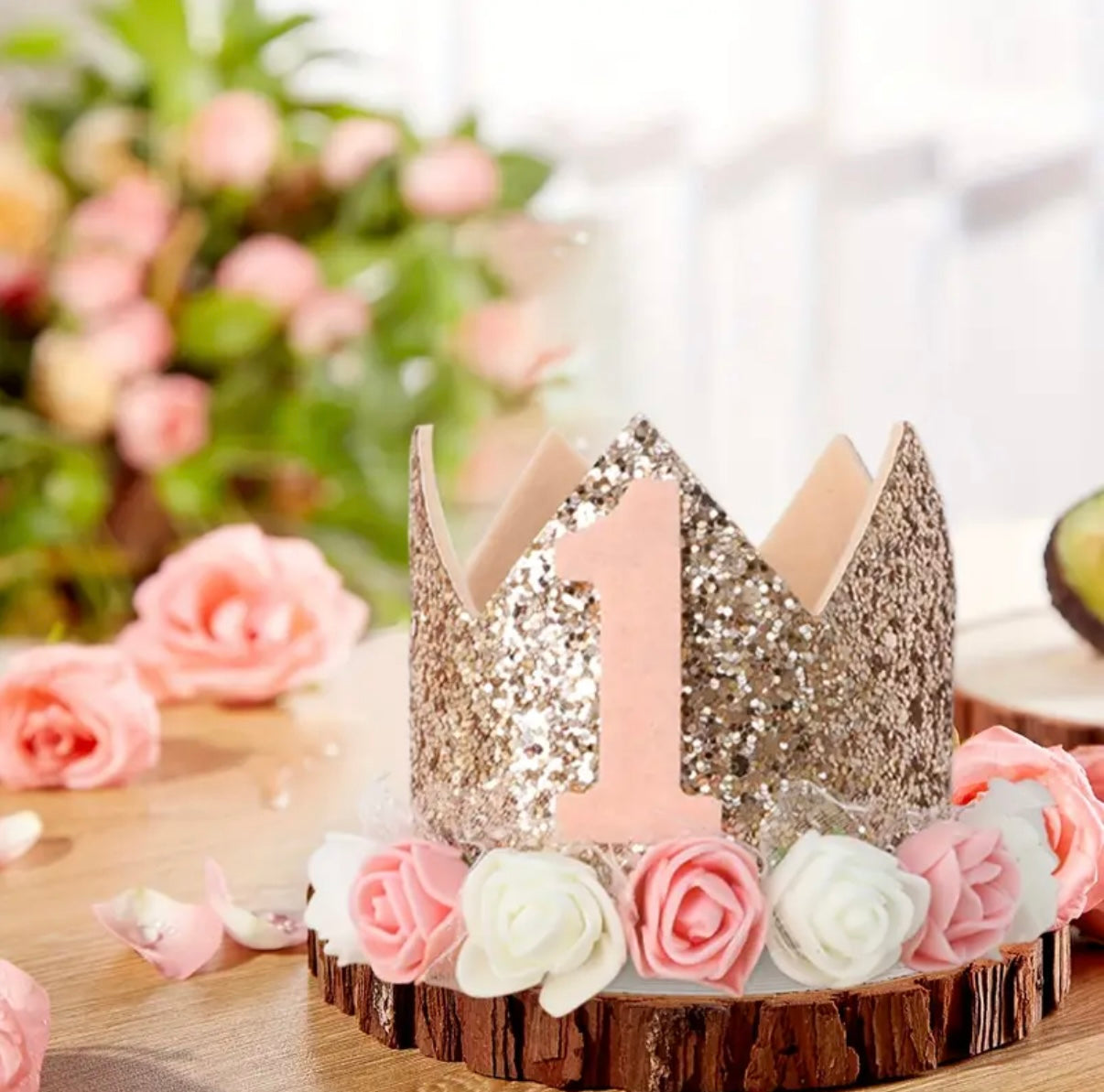 1st Birthday Hat Floral Crown Rose Gold