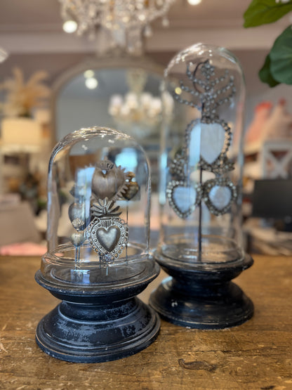 Vintage Style Glass Cloche With Hearts Tall