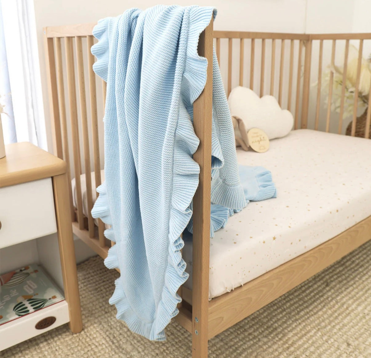 Snuggle Hunny Baby Blue Ruffle Knit Organic Baby Blanket