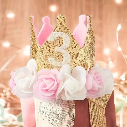 3rd Birthday Crown Hat Pink with Flowers