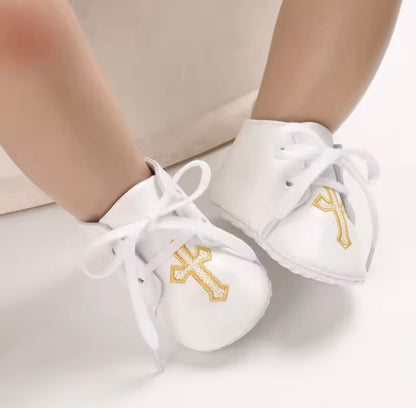 White Christening Baptism Shoes Gold Cross