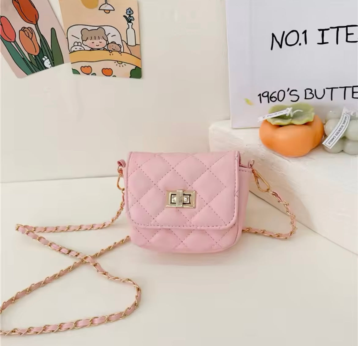 PU Leather Quilted Shoulder Bag Baby Pink