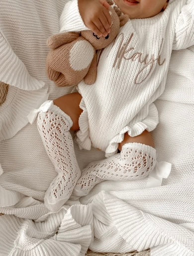 Petite + Co Spanish Openwork Lace Knee High Bow Socks White