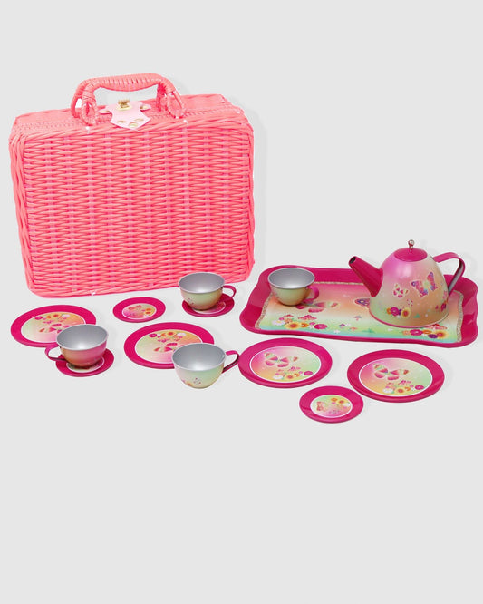 Pink Poppy Rainbow Butterfly Tea Set in Basket