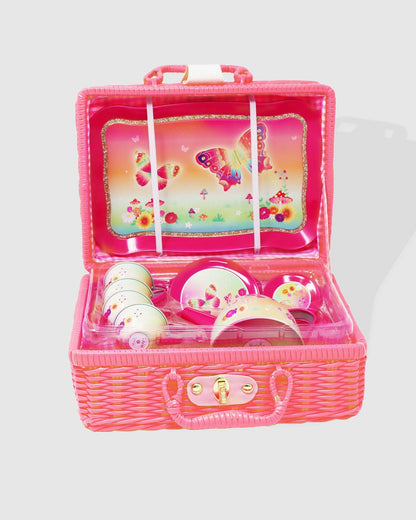 Pink Poppy Rainbow Butterfly Tea Set in Basket