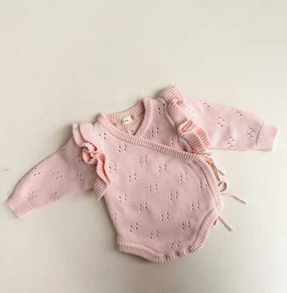 Petite + Co Double Flutter Pointelle Kimono Bodysuit Baby Pink