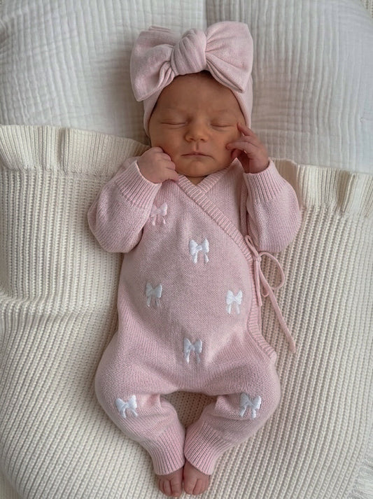 Petite + Co Bow Embroidery Long Kimono Romper Baby Pink