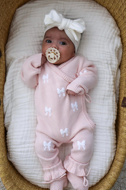 Petite + Co Bow Embroidery Long Kimono Romper Baby Pink