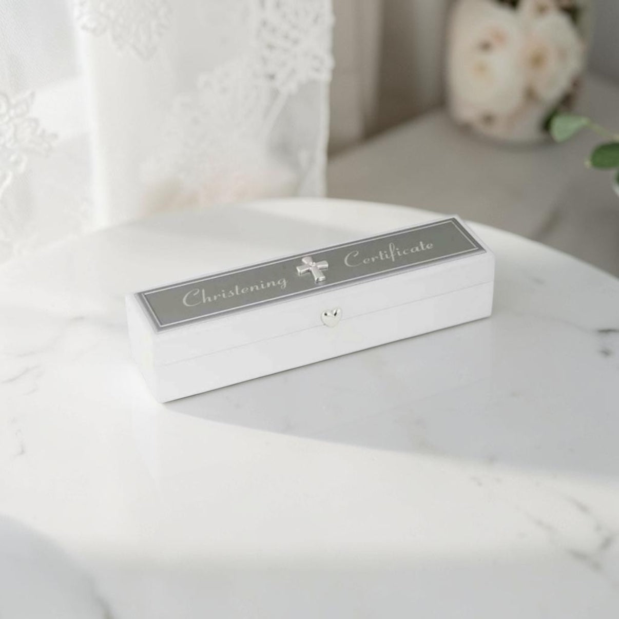 Russell Collection Silver Plate Christening Certificate Box White