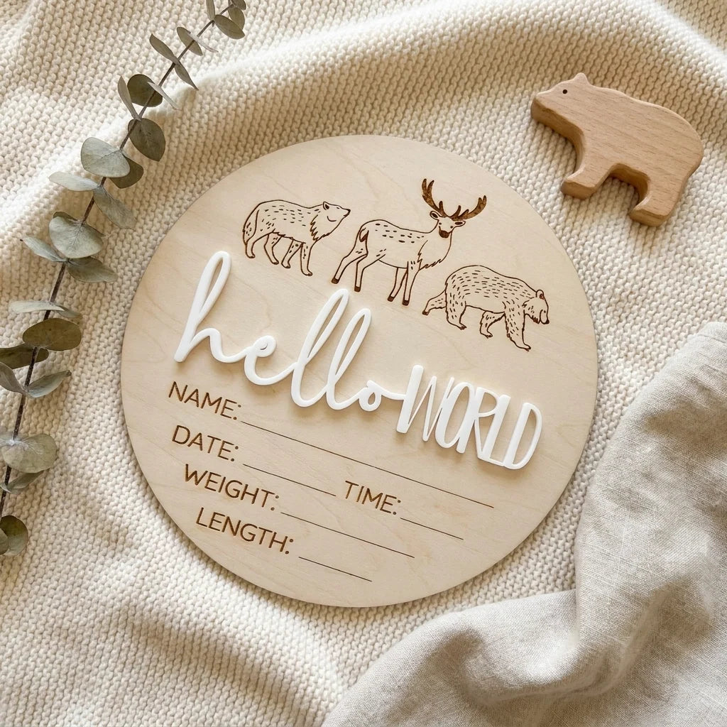 Timber Tinkers ‘Hello World’ Woodland Animals Birth Announcement Disc