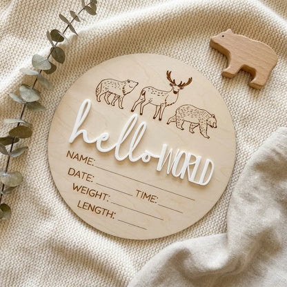 Timber Tinkers ‘Hello World’ Woodland Animals Birth Announcement Disc