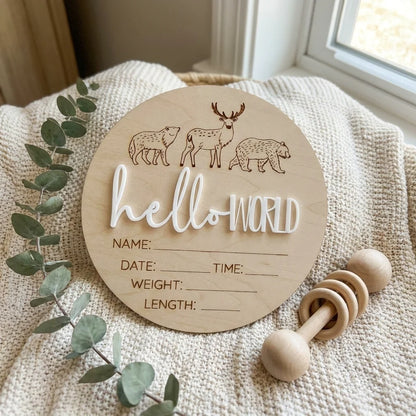 Timber Tinkers ‘Hello World’ Woodland Animals Birth Announcement Disc
