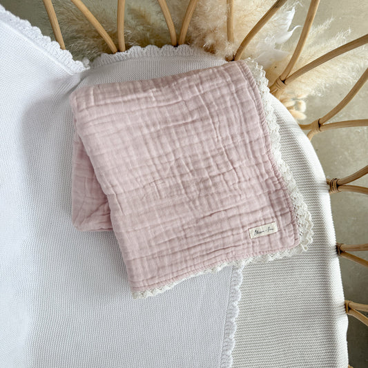 Blossom & Pear Heritage Muslin Blanket Peony Pink with Lace Trim