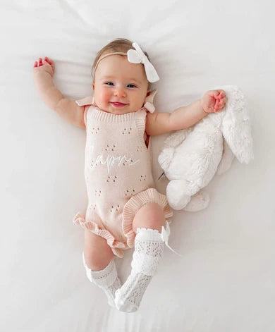 Petite + Co Pointelle Frill Tie Romper Baby Pink