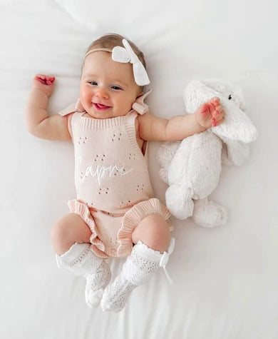 Petite + Co Pointelle Frill Tie Romper Baby Pink