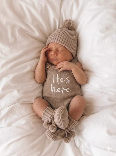 Petite + Co ‘He’s Here’ Classic  Teddy Brown Singlet Romper