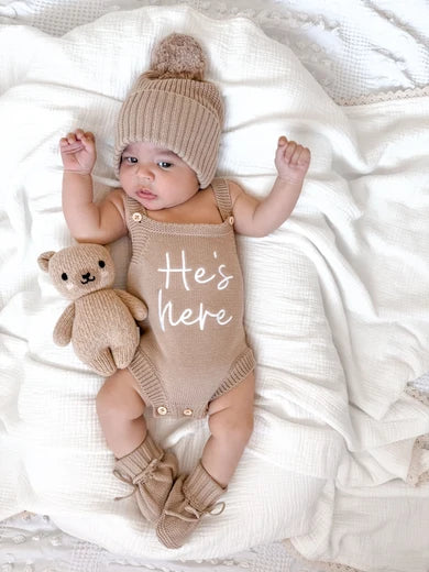 Petite + Co ‘He’s Here’ Classic  Teddy Brown Singlet Romper
