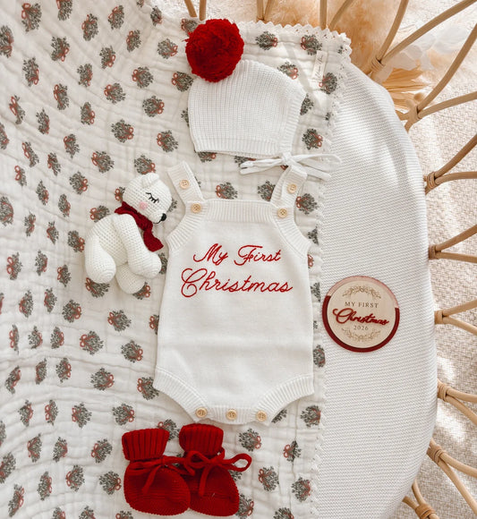 Blossom & Pear Embroidered ‘My First Christmas’ Singlet Romper Milk