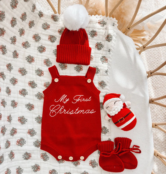 Blossom & Pear Embroidered ‘My First Christmas’ Singlet Romper Cranberry