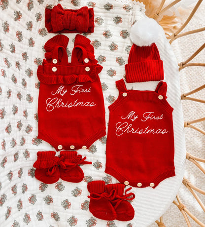 Blossom & Pear Embroidered ‘My First Christmas’ Singlet Romper Cranberry PRE-ORDER