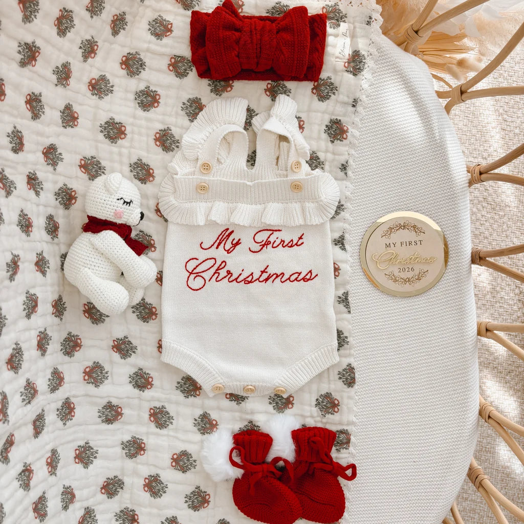 Blossom & Pear Embroidered ‘My First Christmas’ Singlet Frill Romper Milk PRE-ORDER