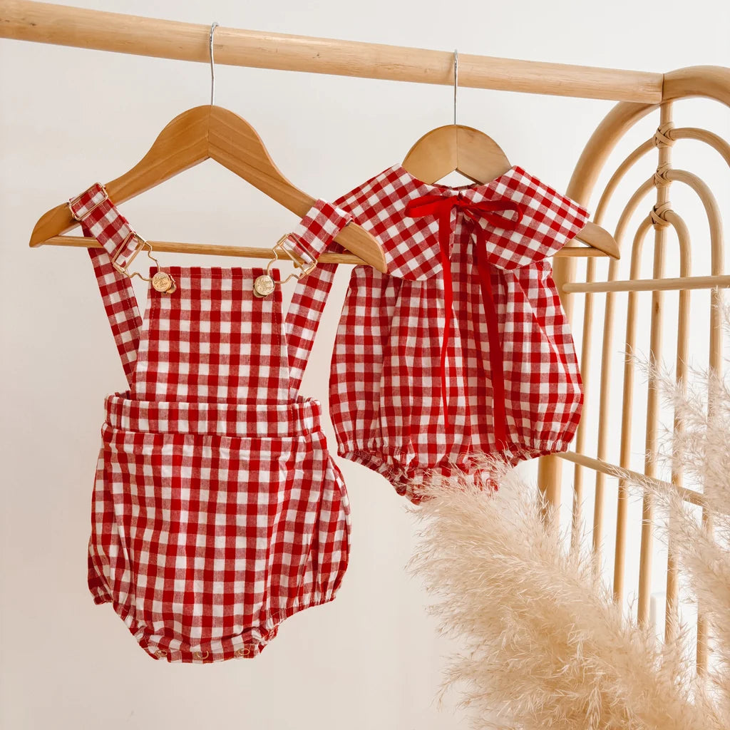 Blossom & Pear Red Gingham Collared Romper PRE-ORDER