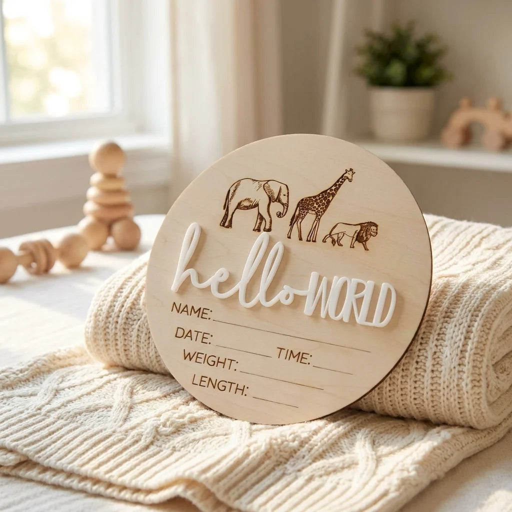 Timber Tinkers ‘Hello World’ Safari Animals Birth Announcement Disc